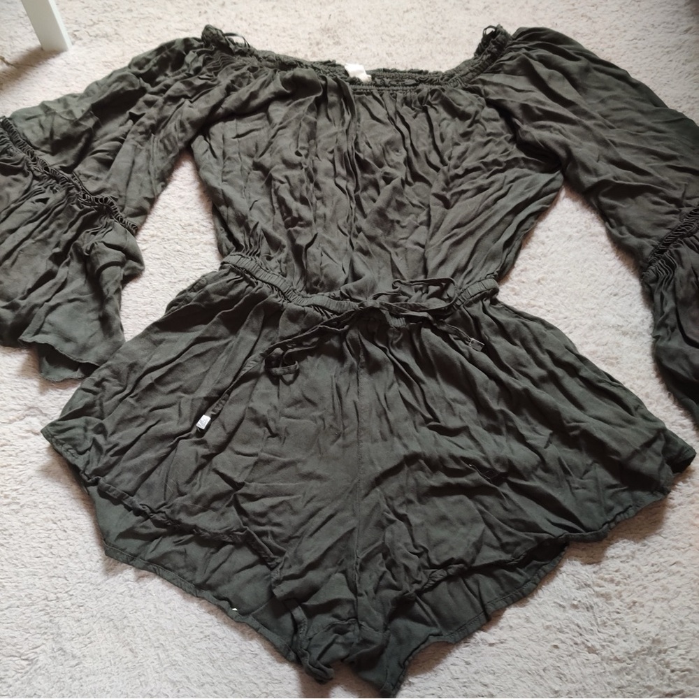 Elan Olive Green Off The Shoulder Bell Sleeve Romper Long Radder Ladder Lace Bow
